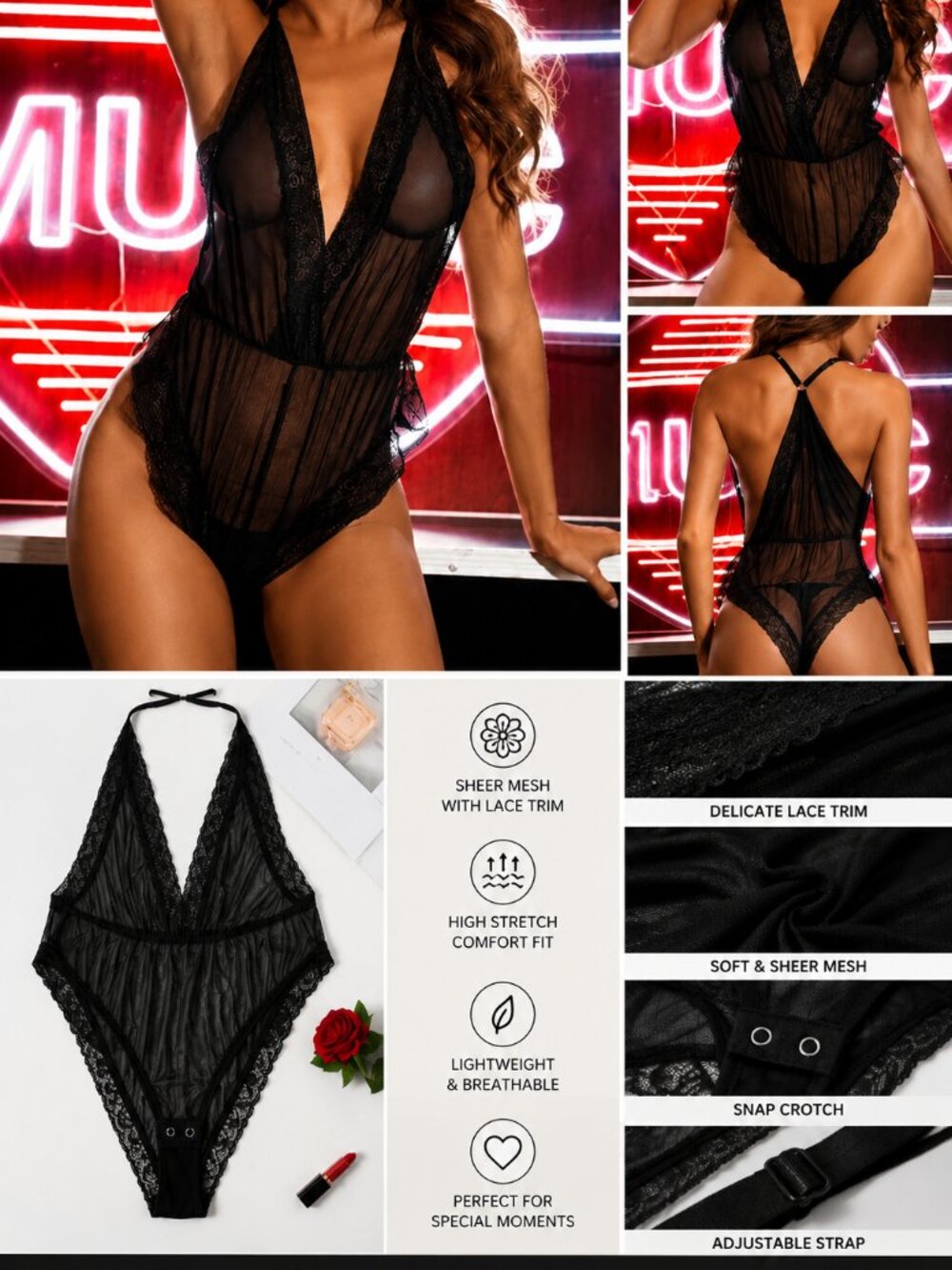 Black Sheer Lace Mesh Bodysuit Women's Deep V Teddy Lingerie One Piece